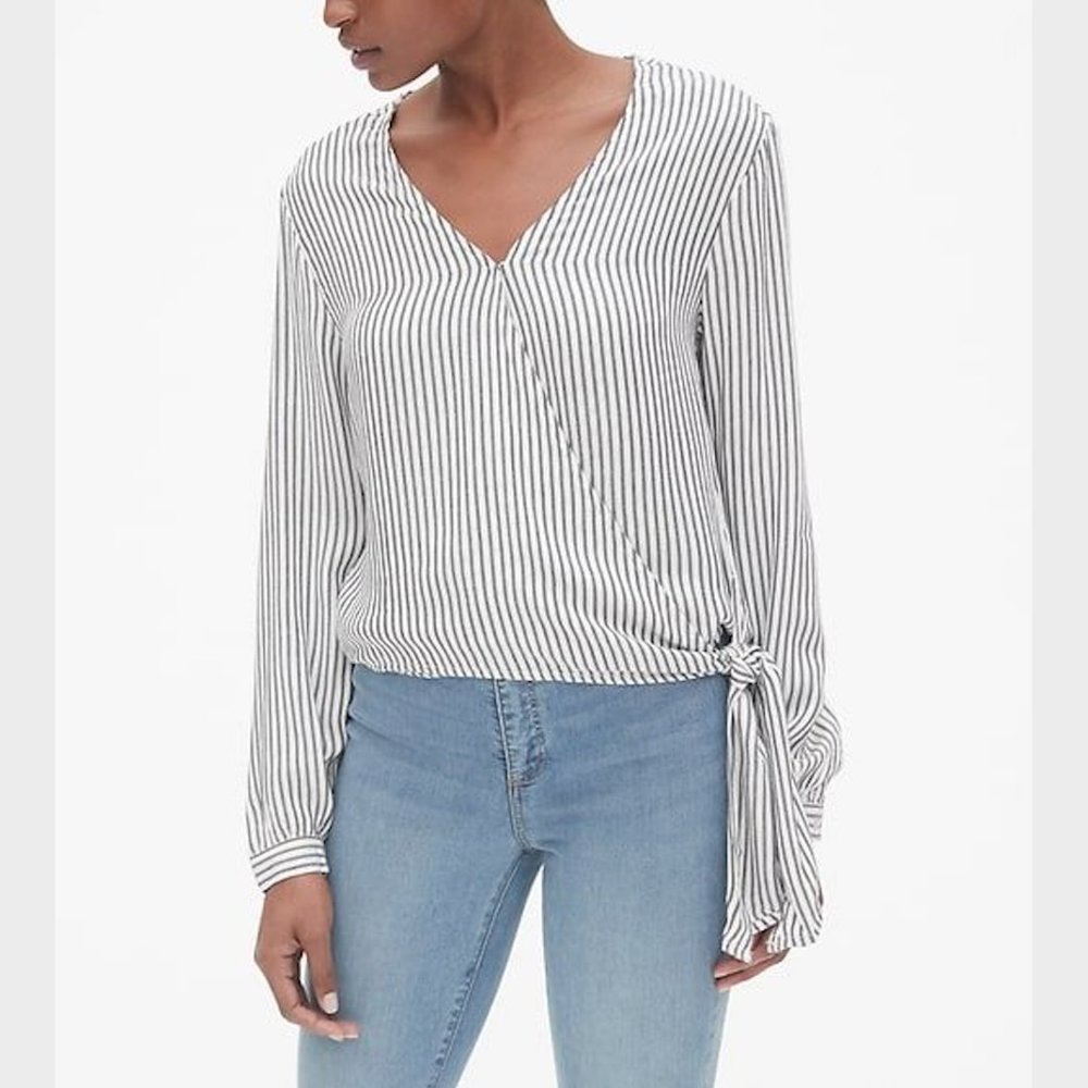 Gap Striped Long Sleeve Wrap Tie Blouse Top - Picture 1 of 5